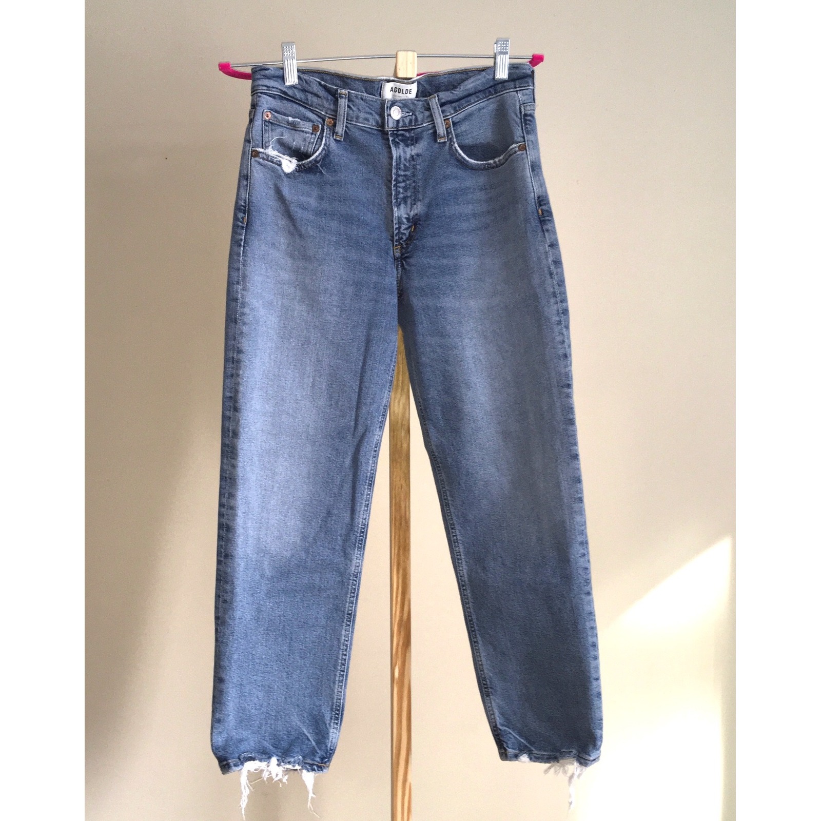 Agolde Blue Wash Denim Jeans High Rise Distressed Cropped Raw Hem Size 27